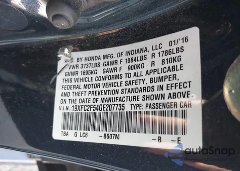 2016 Honda Civic Lx from USA, damaged, VIN 19XFC2F54GE207735